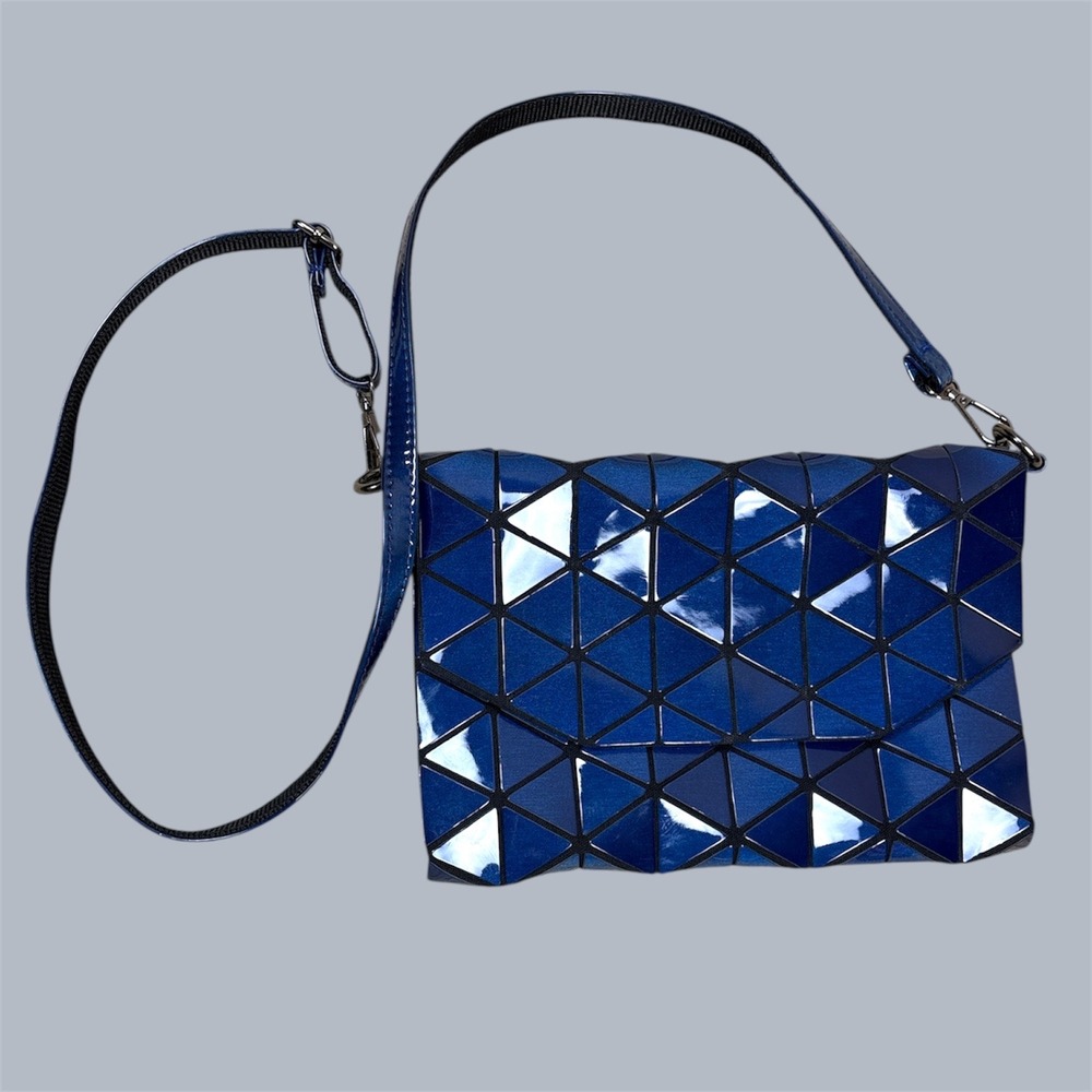 Blue Geometric Foldable Shoulder Bag Women's Shiny Faux Leather Crossbody